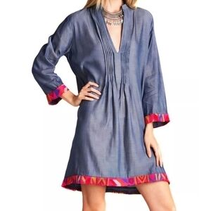 Velzera Chambray Denim Tunic Dress Blue Embroidered Trim Boho Small